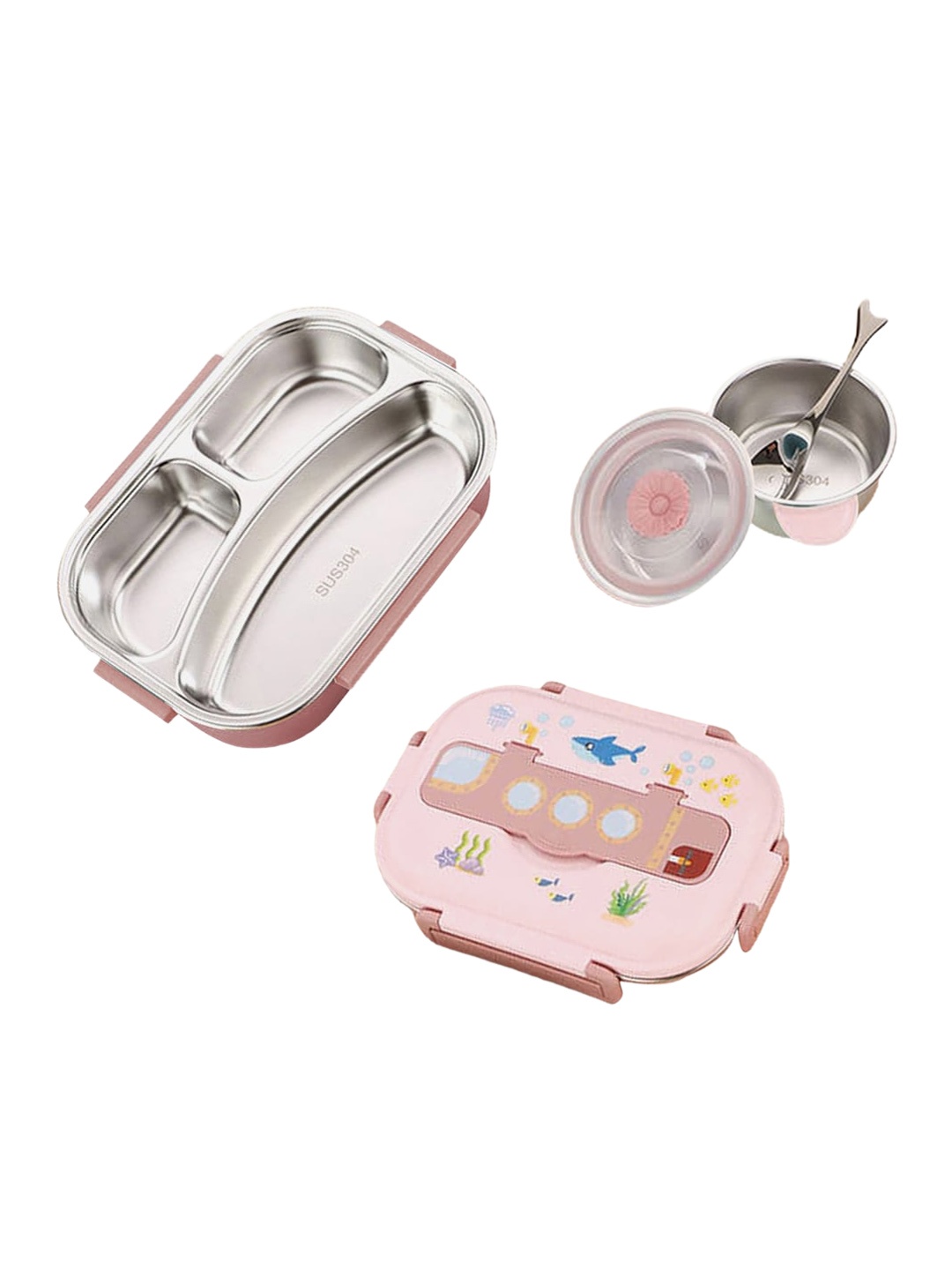 

Little Surprise Box LLP Submarine Theme Kids Pink 3 Pcs Stainless Steel Lunch Box & Spoon