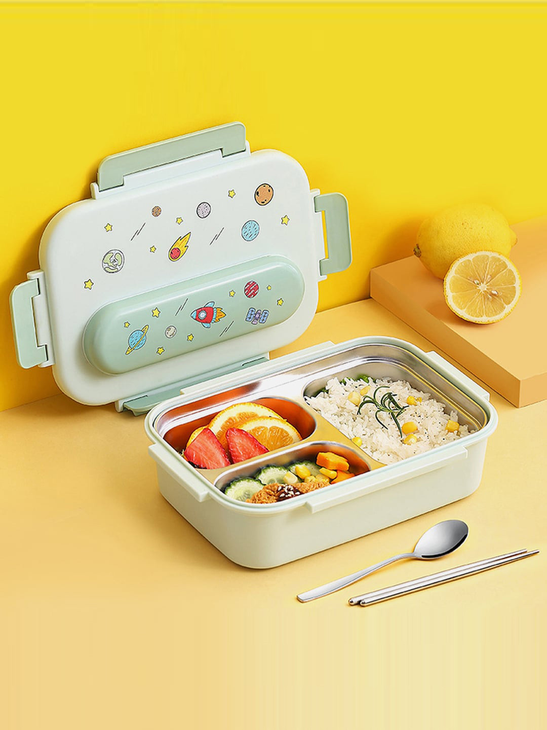 

Little Surprise Box LLP Kids Green Printed Insulated Lunch Box With Bag & Chopstick Spoon