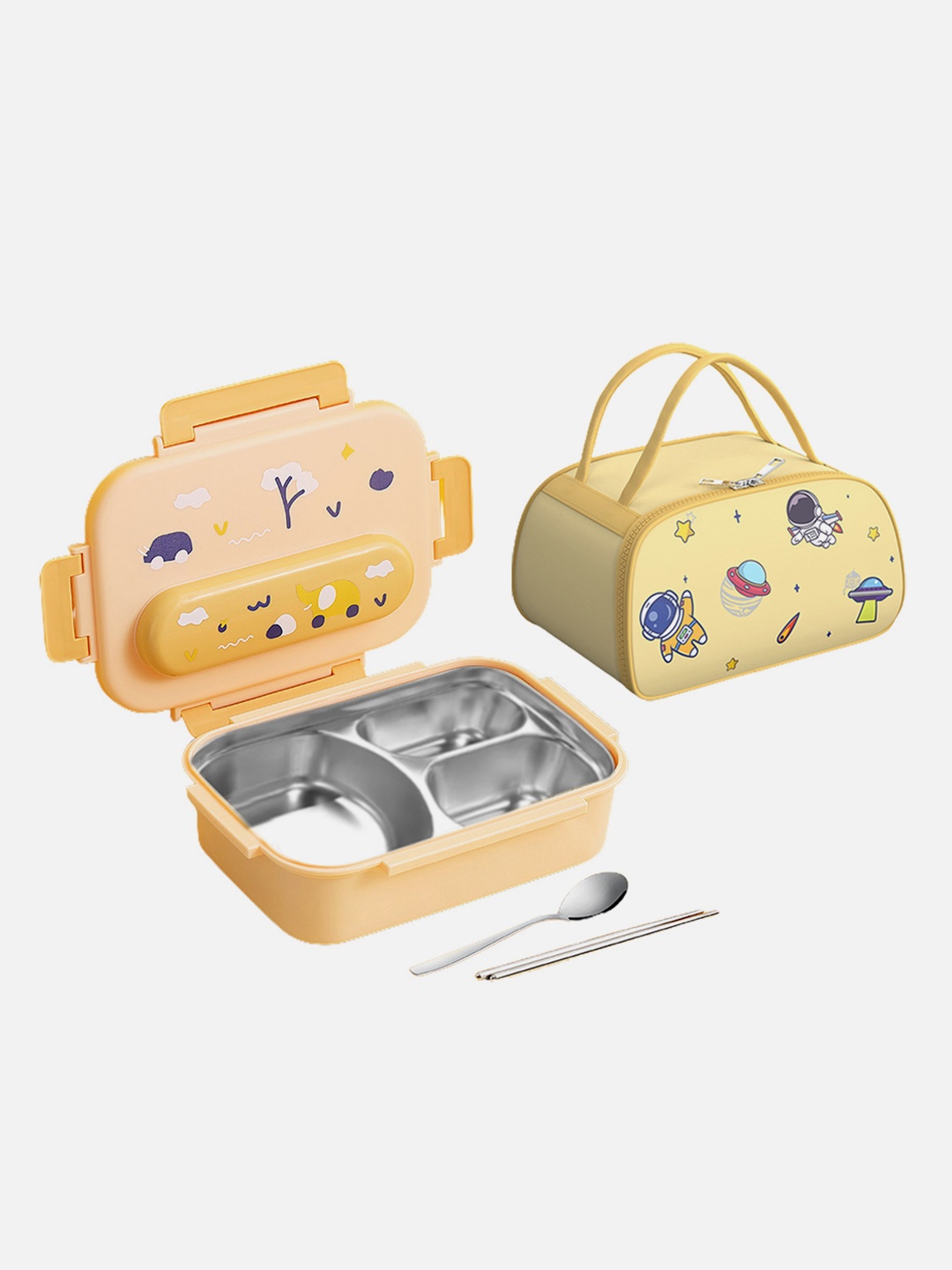 

Little Surprise Box LLP Yellow & Blue Print Insulated Lunch Box With Bag & Chopstick Spoon