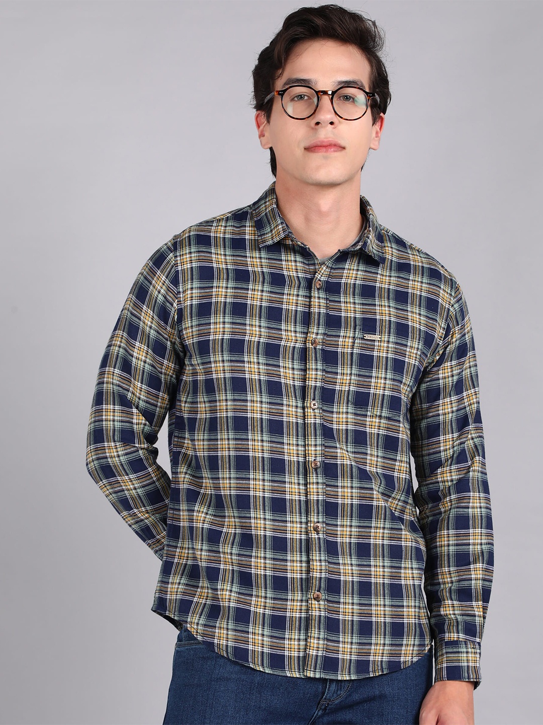 

Urbano Fashion Slim Fit Tartan Checks Checked Cotton Casual Shirt, Navy blue