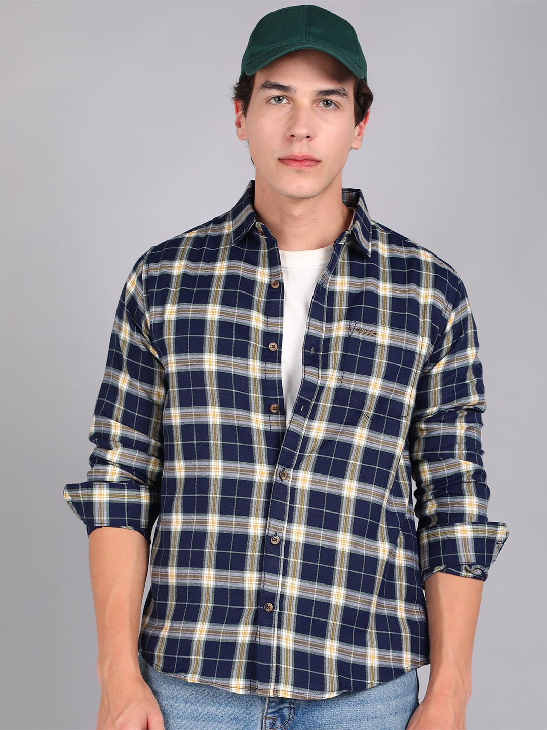 

Urbano Fashion Slim Fit Tartan Checks Checked Cotton Casual Shirt, Navy blue
