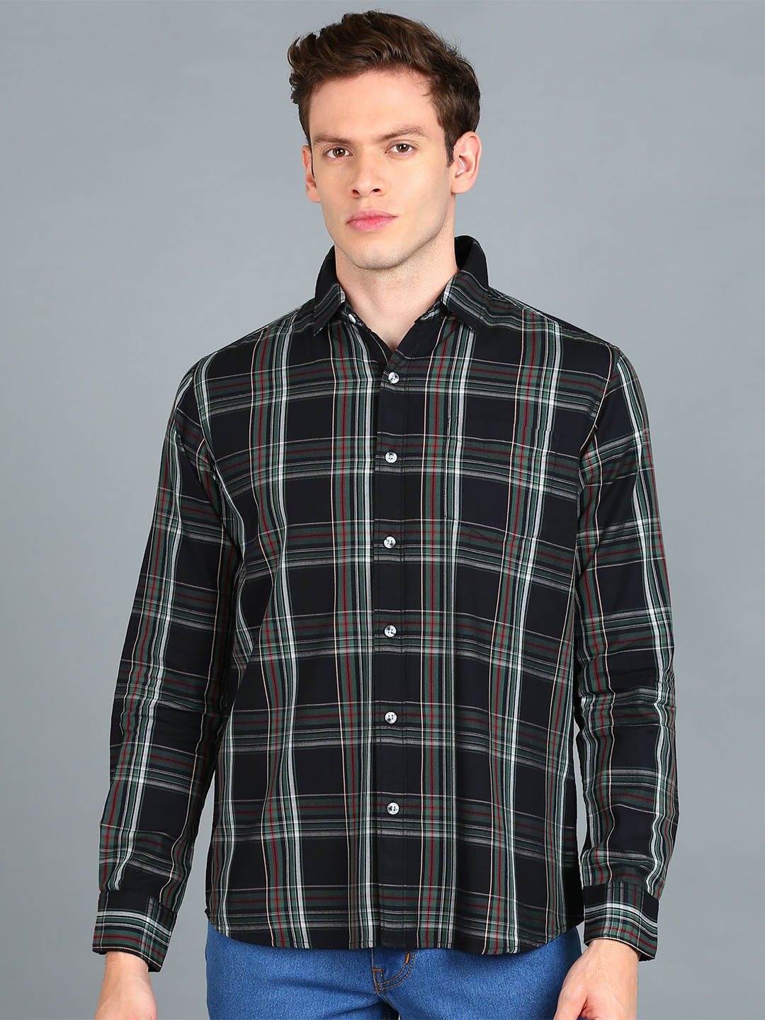 

Urbano Fashion Slim Fit Tartan Checks Checked Cotton Casual Shirt, Black