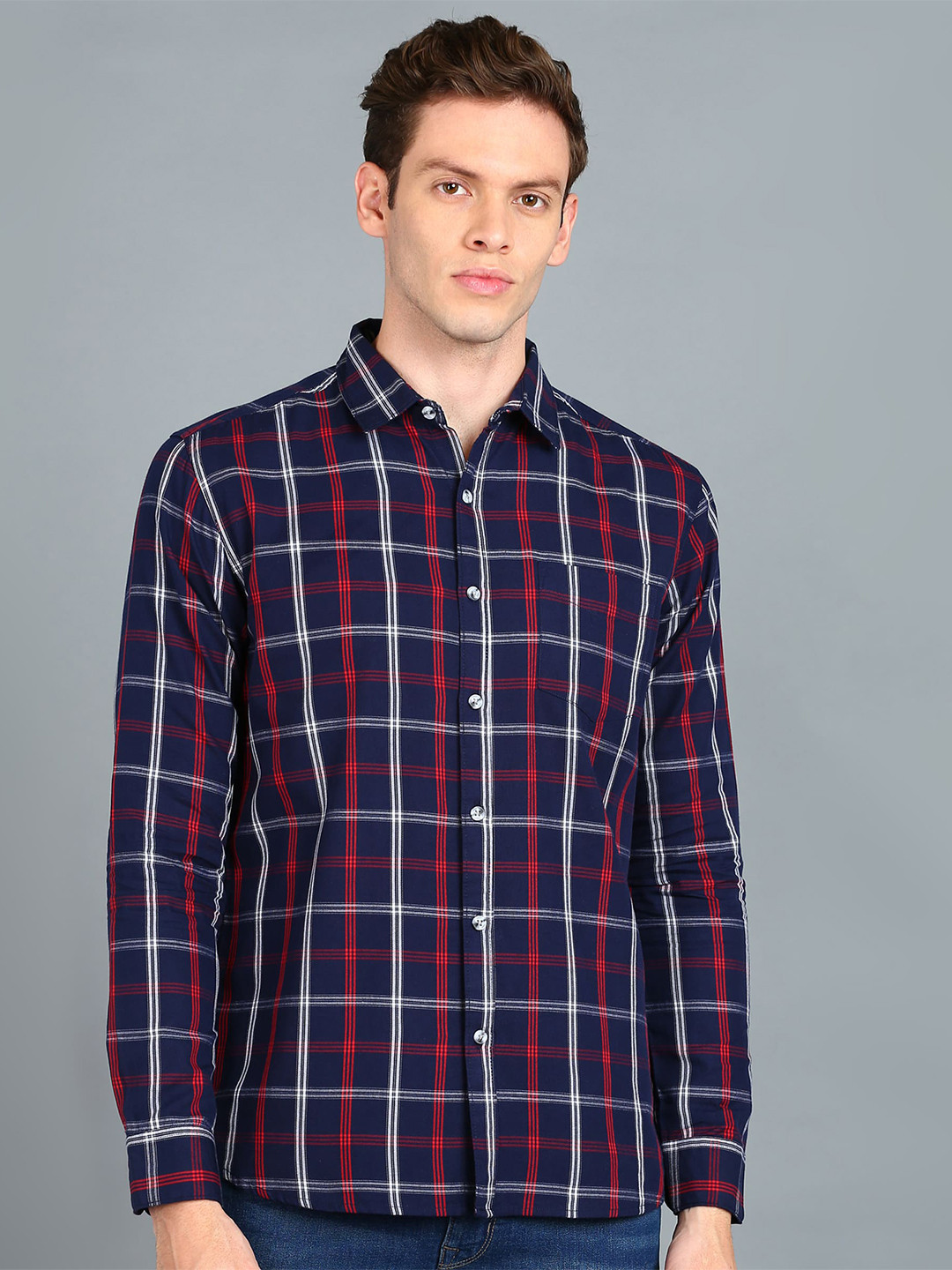 

Urbano Fashion Slim Fit Tartan Checks Checked Cotton Casual Shirt, Navy blue