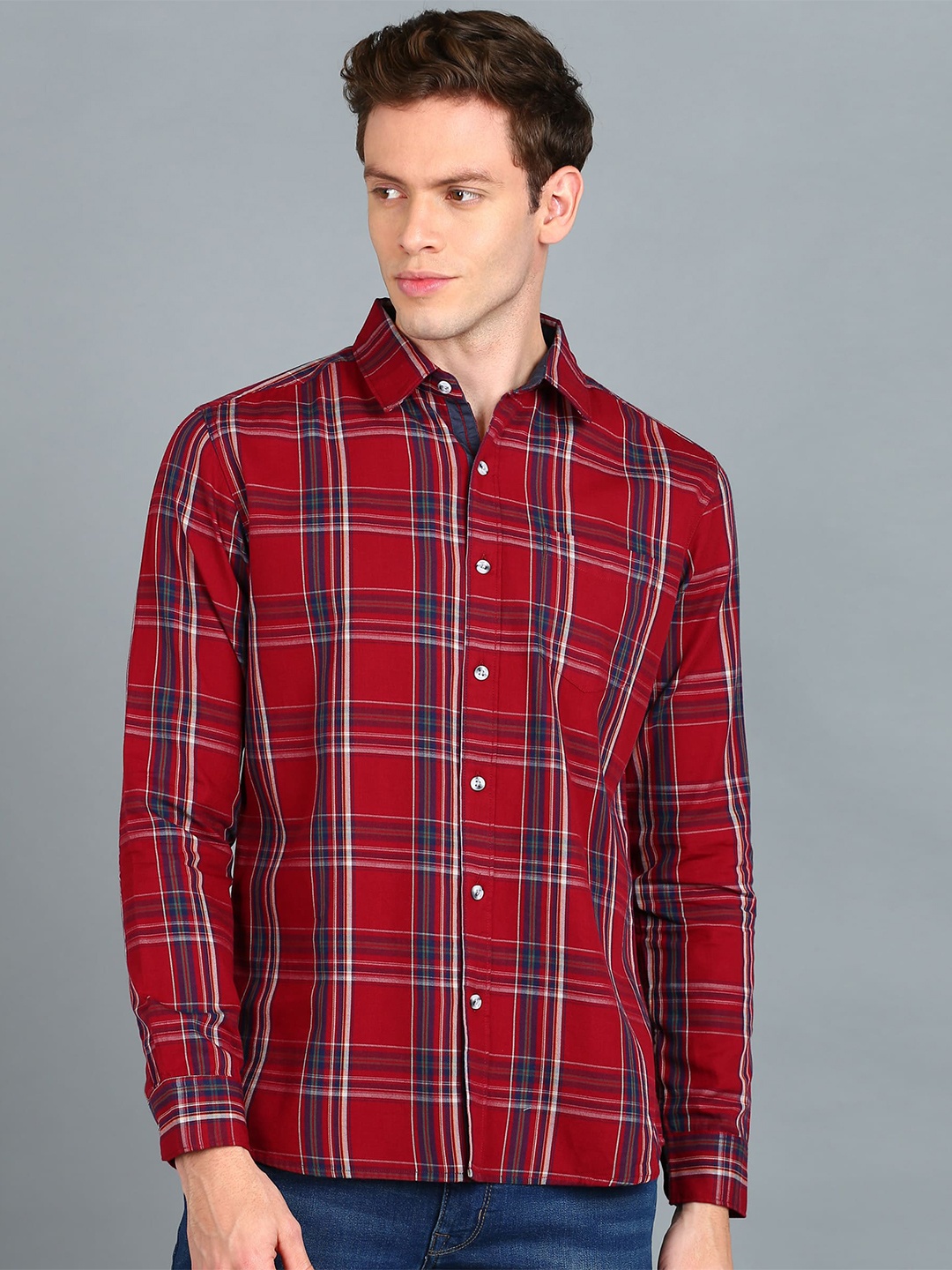 

Urbano Fashion Slim Fit Tartan Checks Checked Cotton Casual Shirt, Red