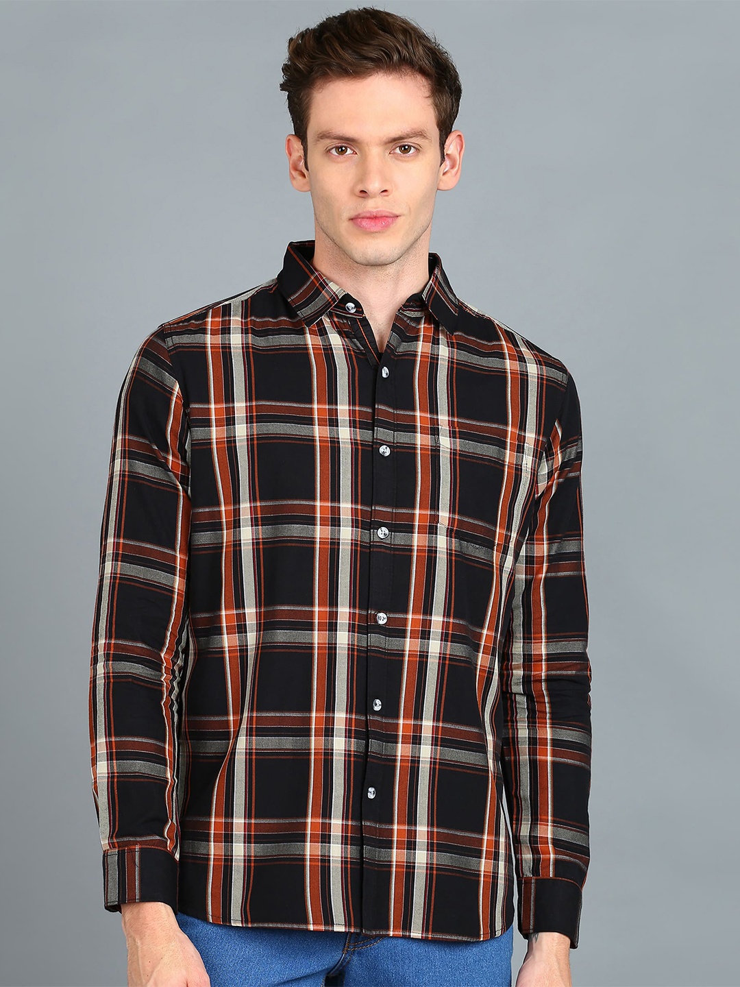 

Urbano Fashion Slim Fit Tartan Checks Checked Cotton Casual Shirt, Black