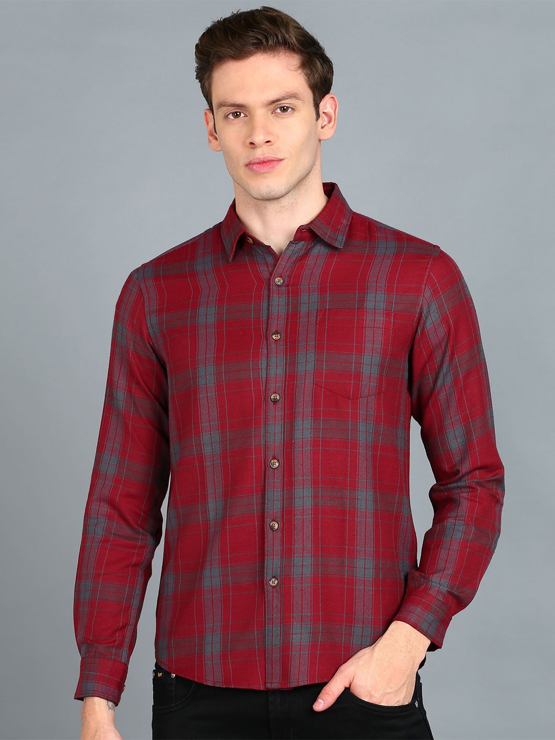 

Urbano Fashion Slim Fit Tartan Checks Checked Cotton Casual Shirt, Red