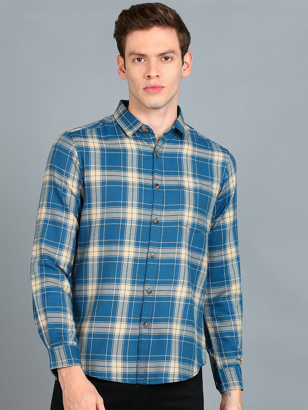 

Urbano Fashion Slim Fit Tartan Checks Checked Cotton Casual Shirt, Blue