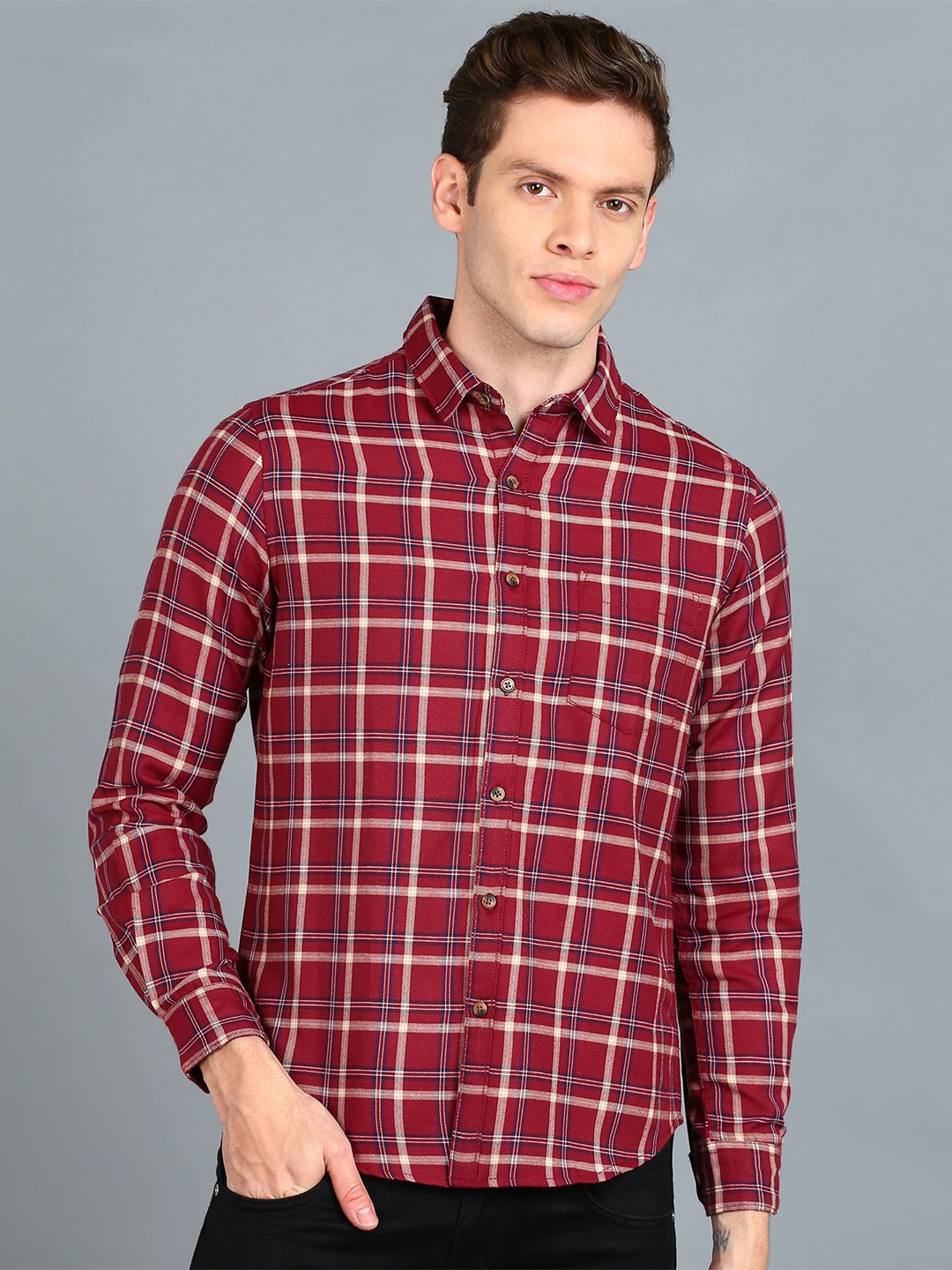 

Urbano Fashion Slim Fit Tartan Checks Checked Cotton Casual Shirt, Red