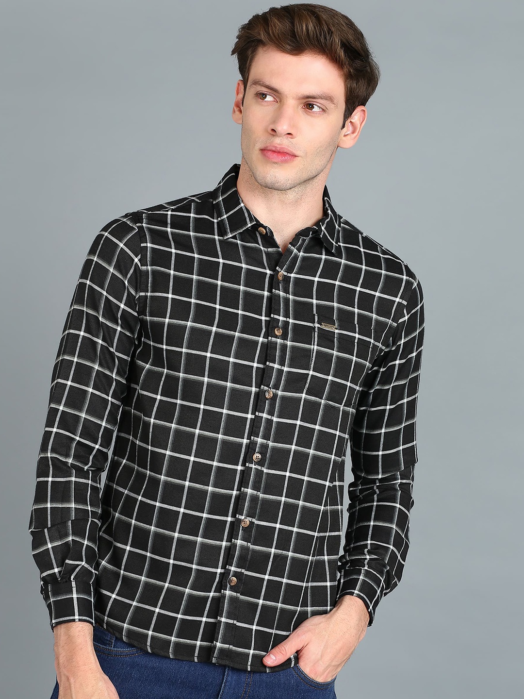 

Urbano Fashion Slim Fit Windowpane Checks Checked Cotton Casual Shirt, Black