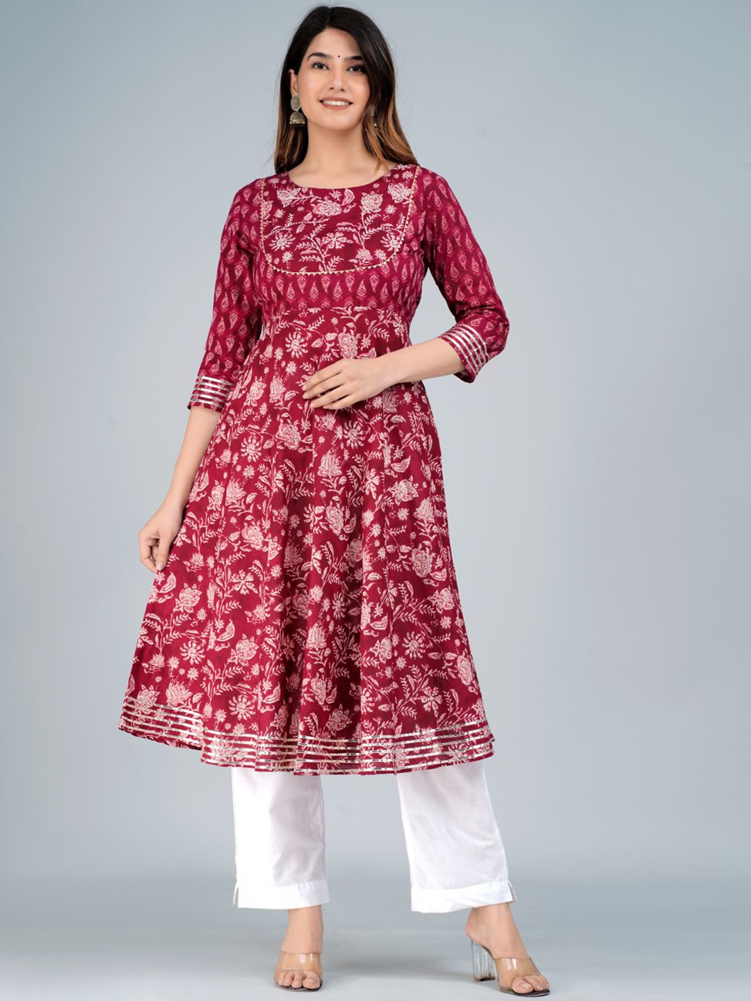 

FABISTA Women Maroon Printed Gotta Patti Block Print Anarkali Kurta