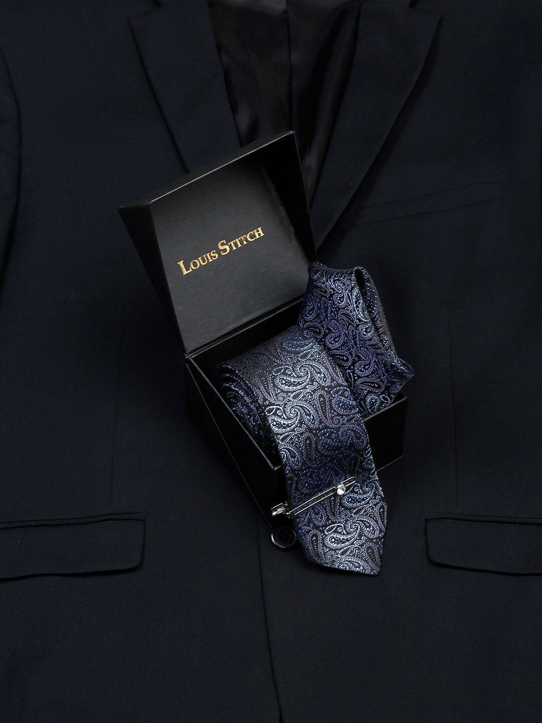 

LOUIS STITCH Men Printed Italian Silk Necktie Accessory Gift Set, Blue