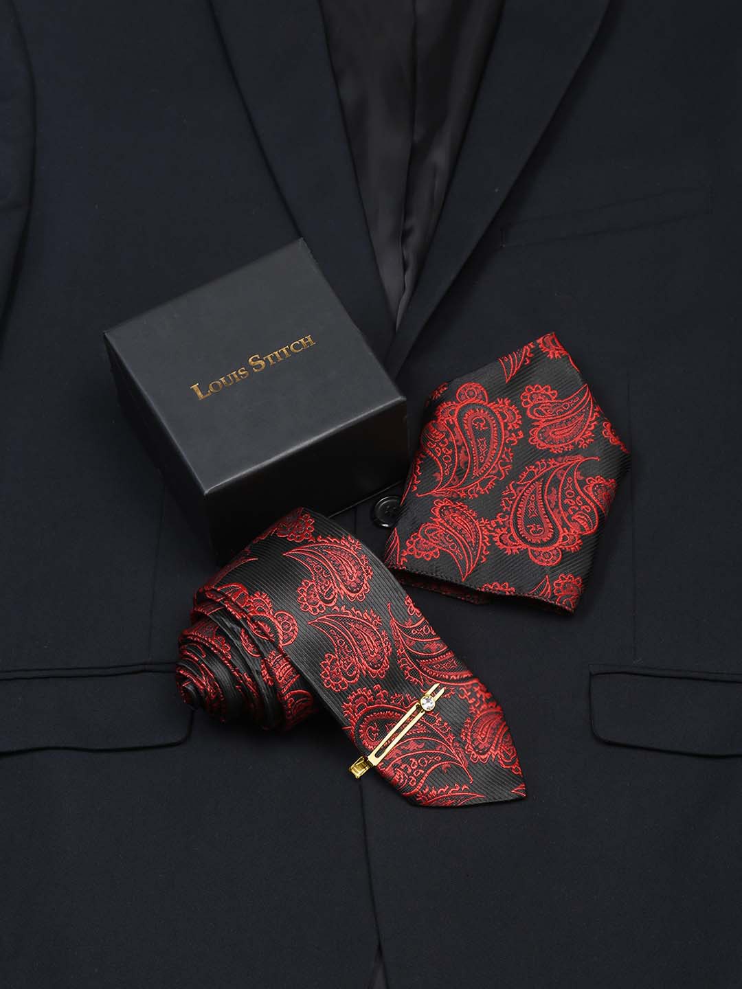 

LOUIS STITCH Men Woven Design Silk Necktie Accessory Gift Set, Red