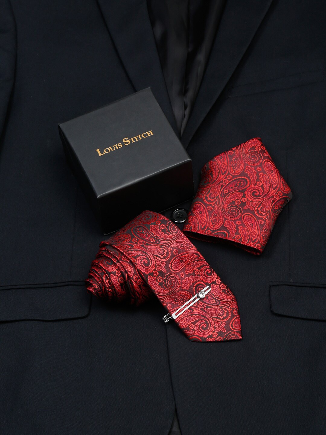 

LOUIS STITCH Men Woven Design Italian Silk Necktie Accessory Gift Set, Red