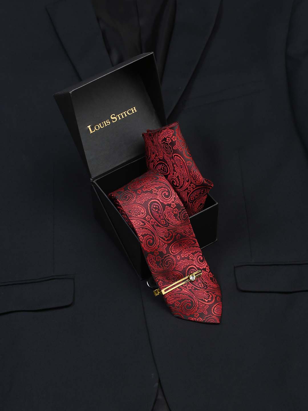 

LOUIS STITCH Men Italian Silk Necktie Accessory Gift Set, Red