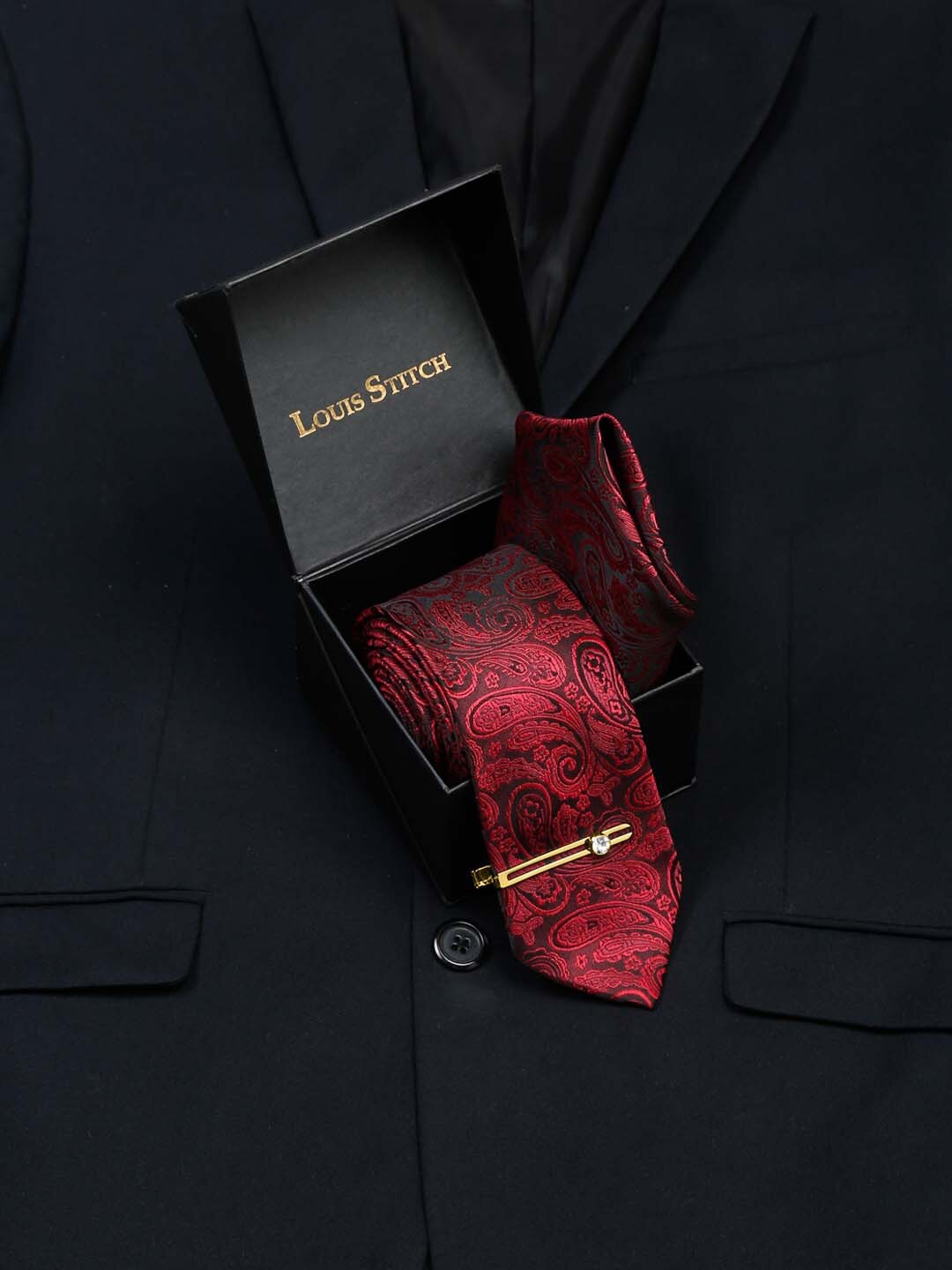 

LOUIS STITCH Men Woven Design Silk Necktie Accessory Gift Set, Red