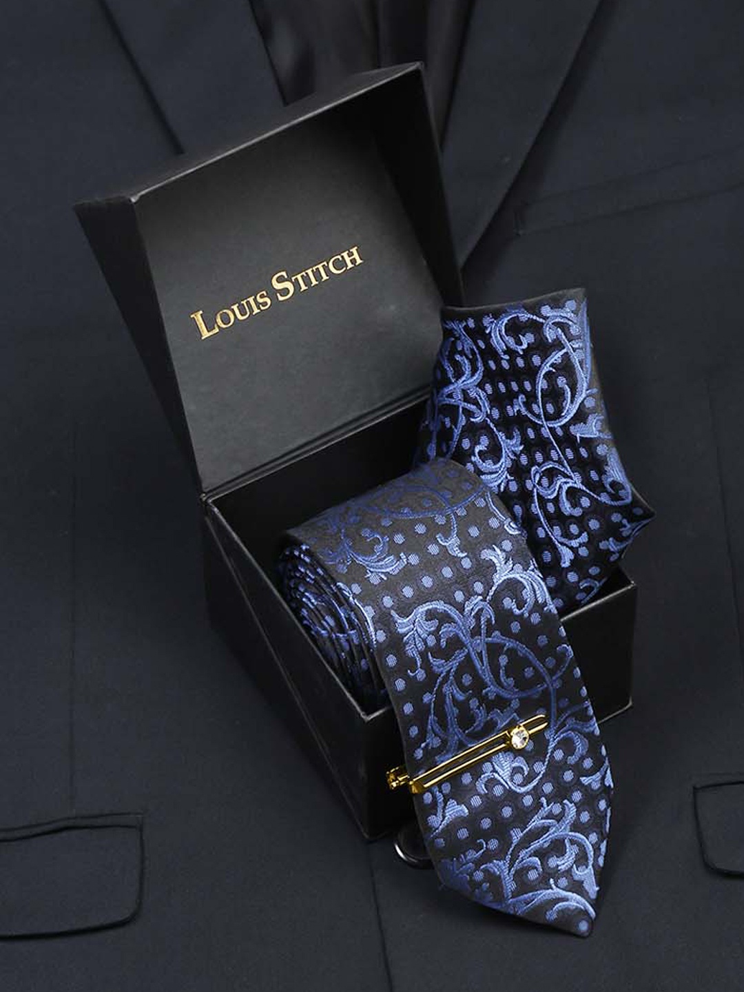 

LOUIS STITCH Men Woven Design Italian Silk Necktie Accessory Gift Set, Blue
