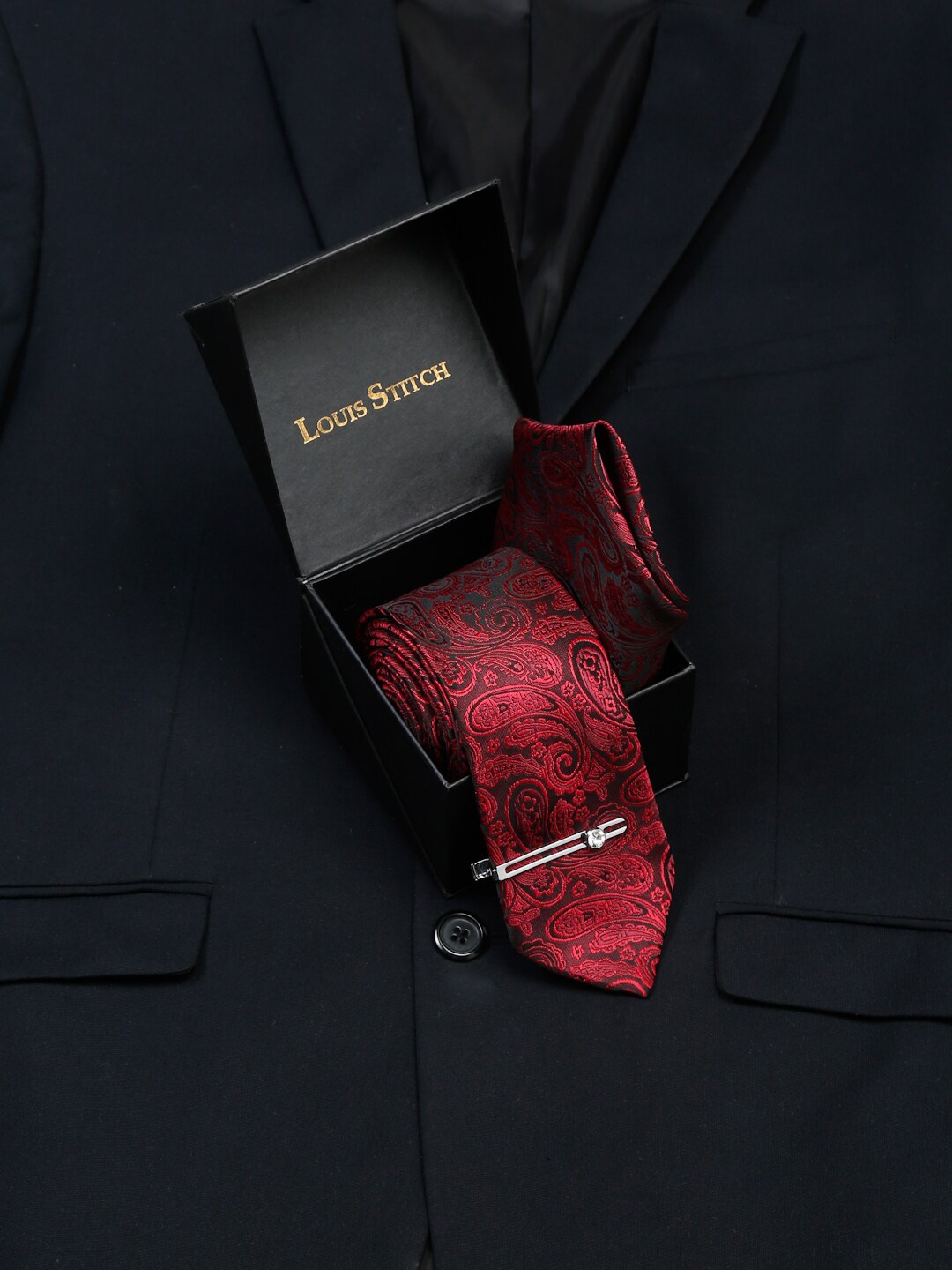 

LOUIS STITCH Men's Italian Silk Necktie Accessory Gift Set, Red