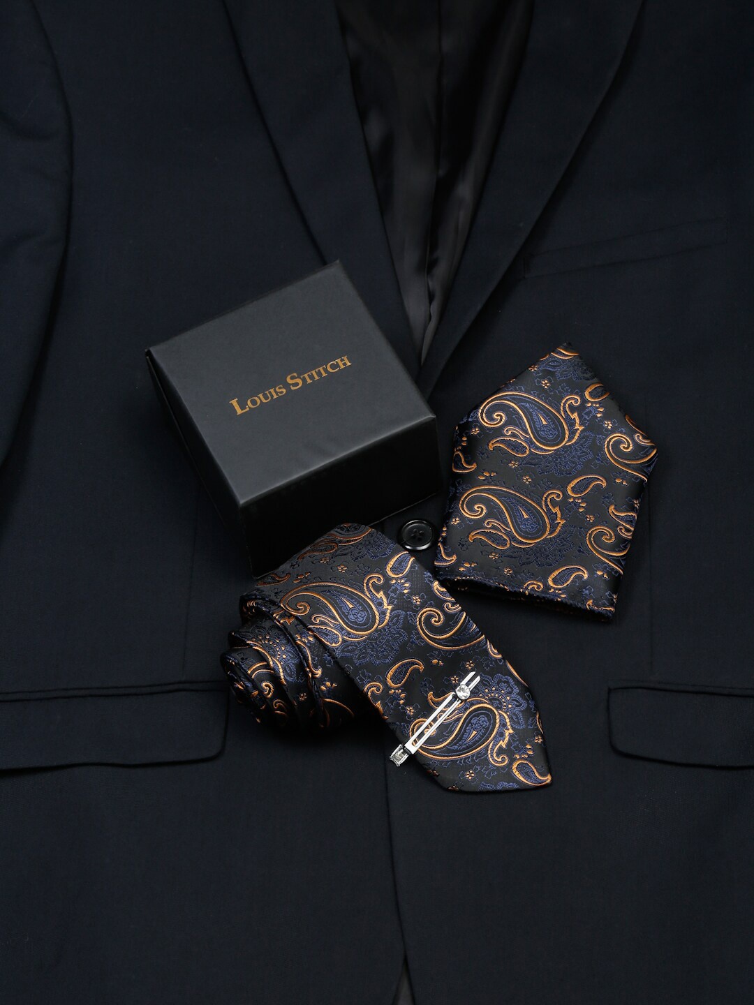 

LOUIS STITCH Men Silk Necktie Accessory Gift Set, Navy blue