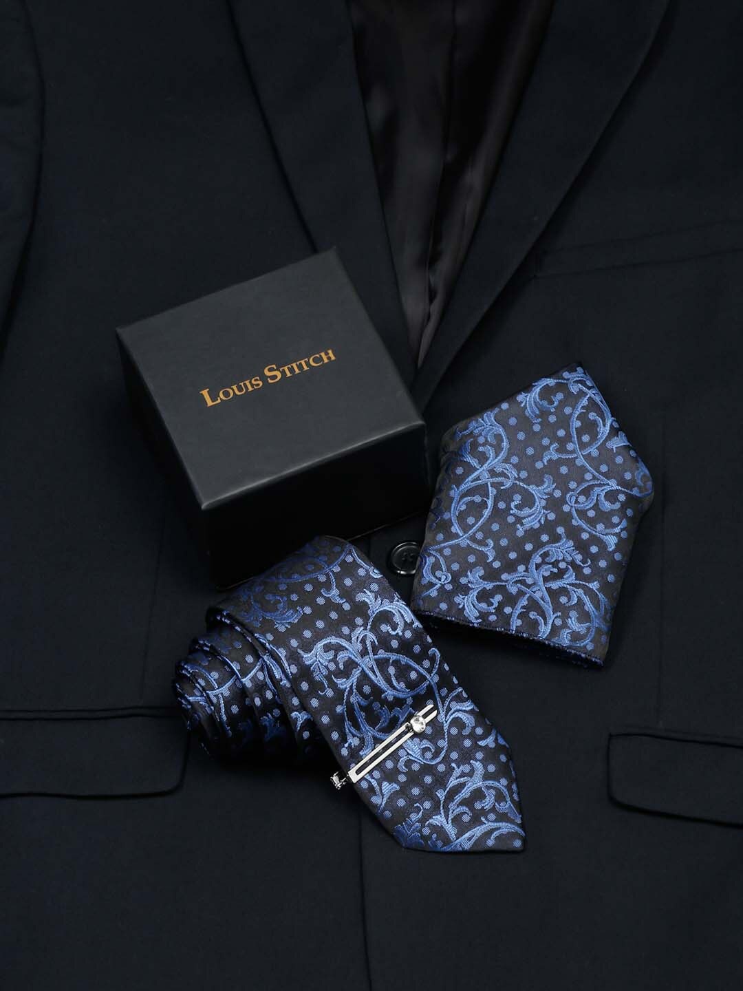 

LOUIS STITCH Men Silk Necktie Accessory Gift Set, Blue