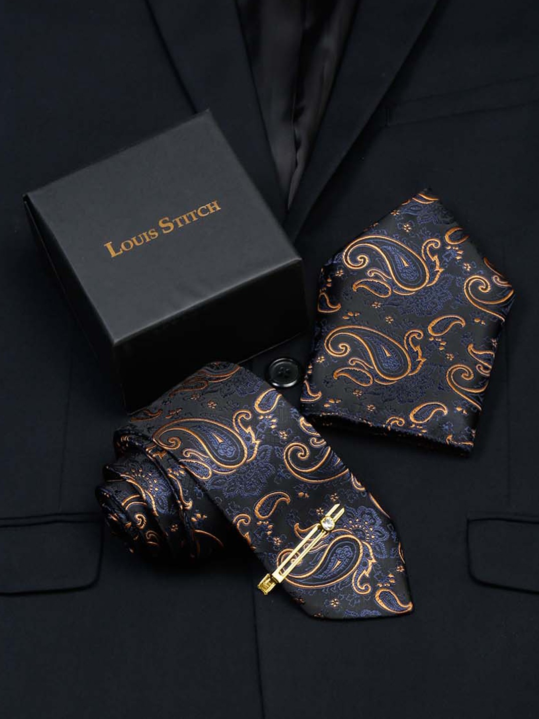 

LOUIS STITCH Men Sapphire Blue Italian Silk Necktie Accessory Gift Set, Navy blue