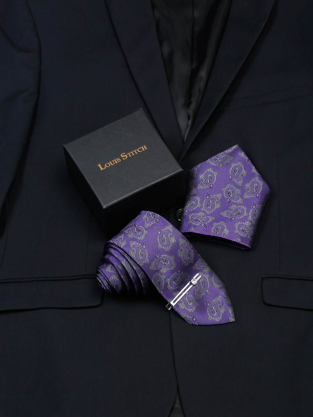 

LOUIS STITCH Men Italian Silk Necktie Accessory Gift Set, Purple