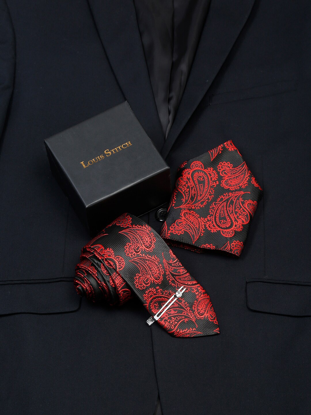 

LOUIS STITCH Men Silk Necktie Accessory Gift Set, Red