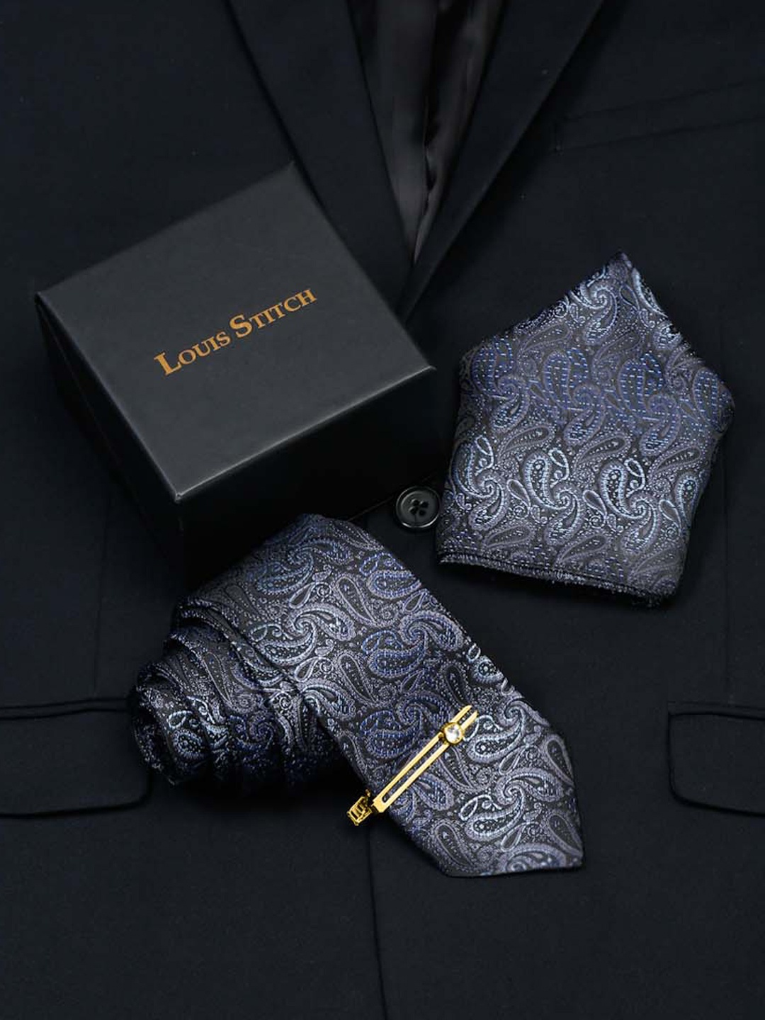 

LOUIS STITCH Men Silk Necktie Accessory Gift Set, Blue