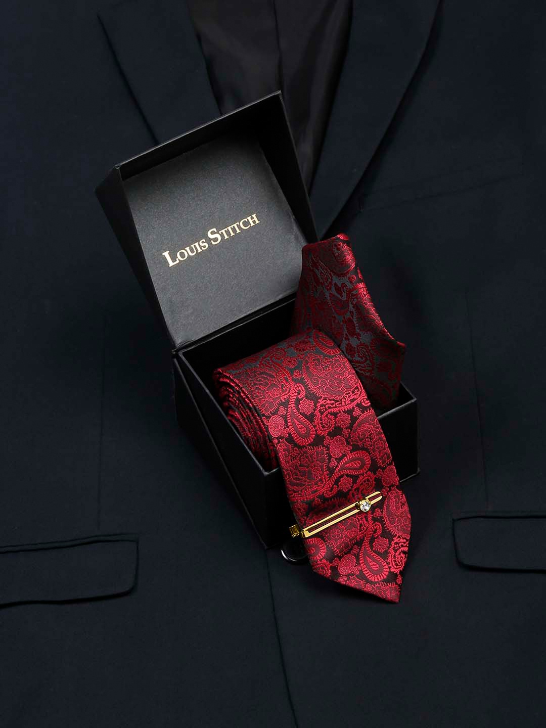 

LOUIS STITCH Men Woven Design Silk Necktie Accessory Gift Set, Red