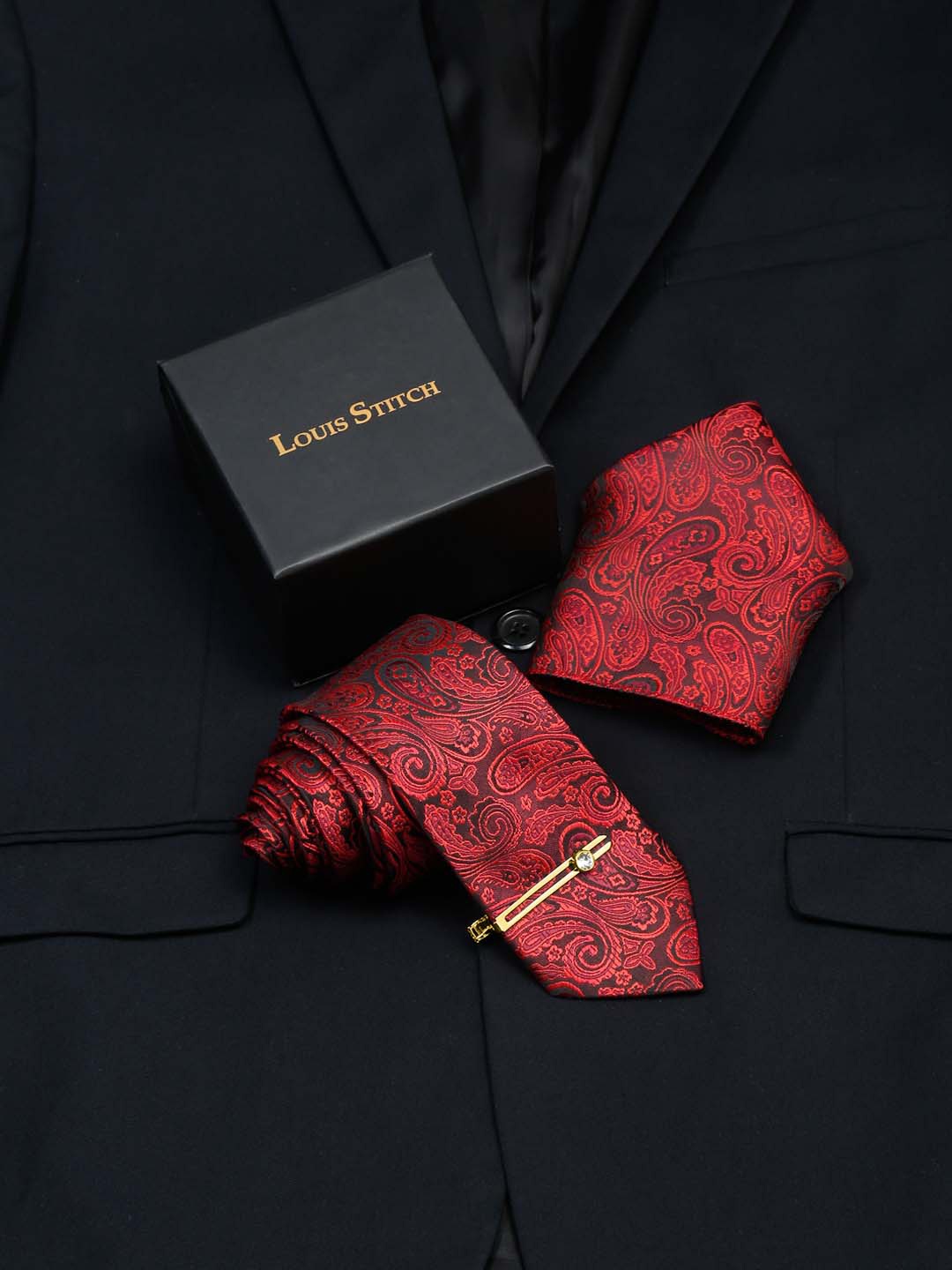 

LOUIS STITCH Men Silk Necktie Accessory Gift Set, Red