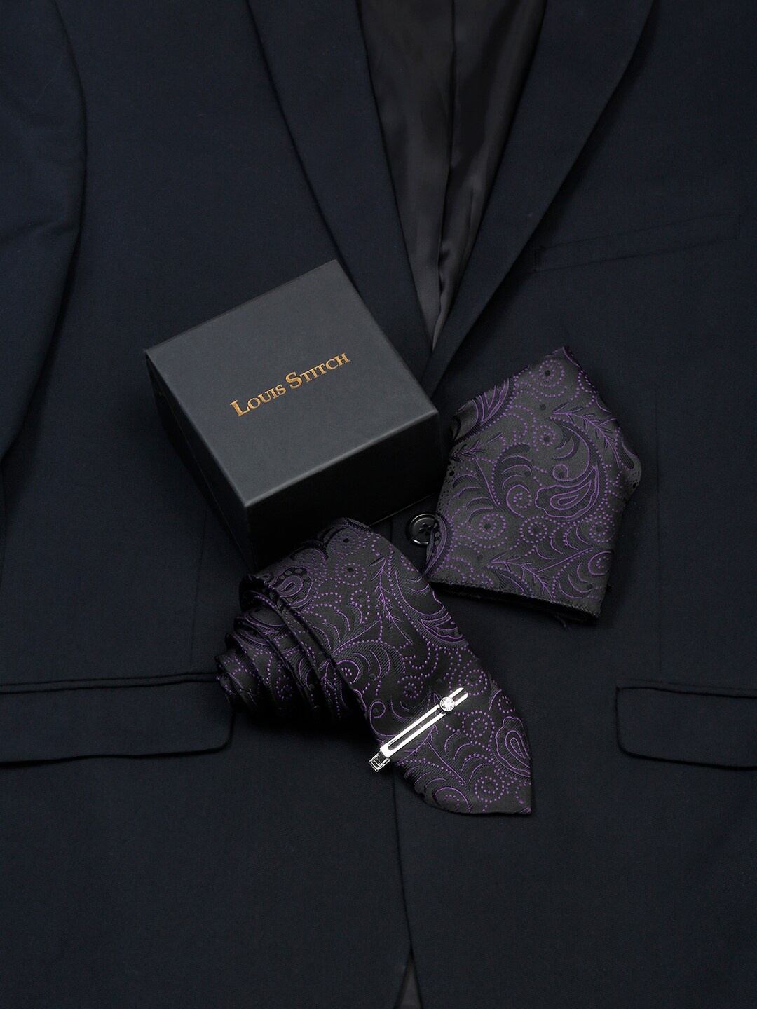 

LOUIS STITCH Men Woven Design Silk Accessory Gift Set, Purple