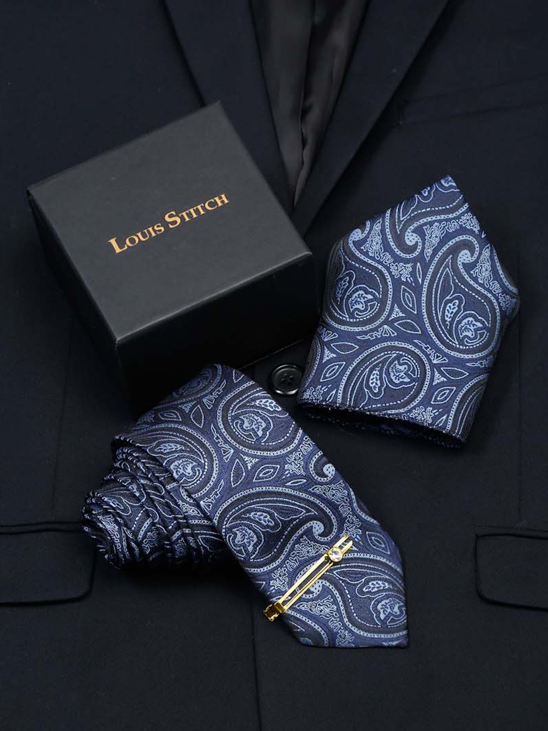 

LOUIS STITCH Men Silk Necktie Accessory Gift Set, Navy blue