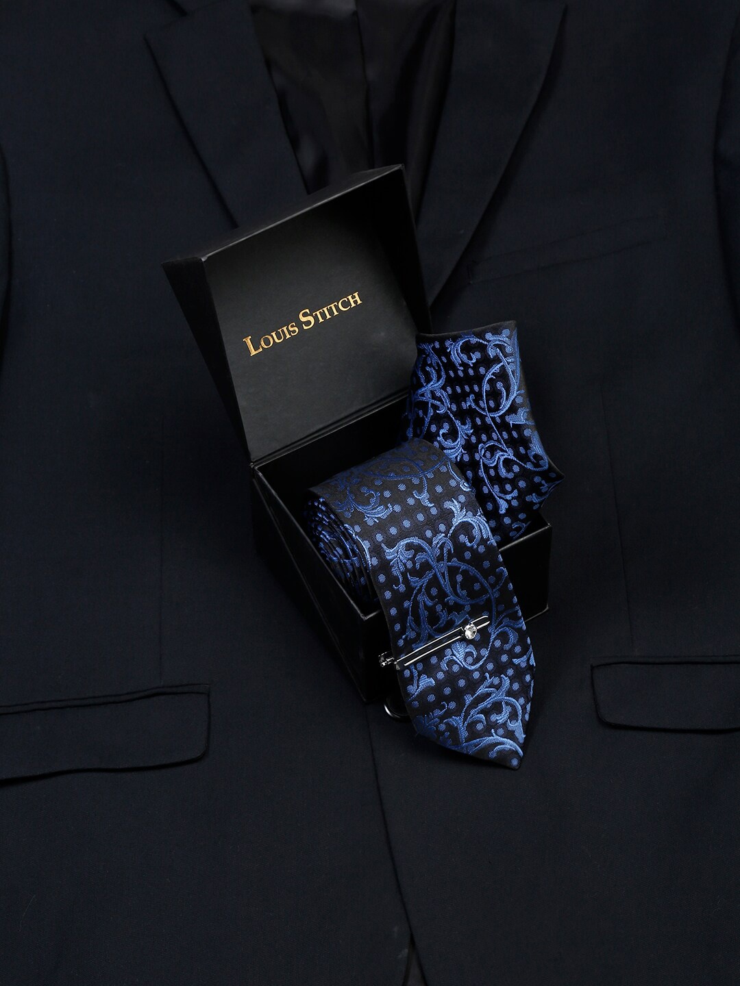 

LOUIS STITCH Men Woven Design Silk Necktie Accessory Gift Set, Blue