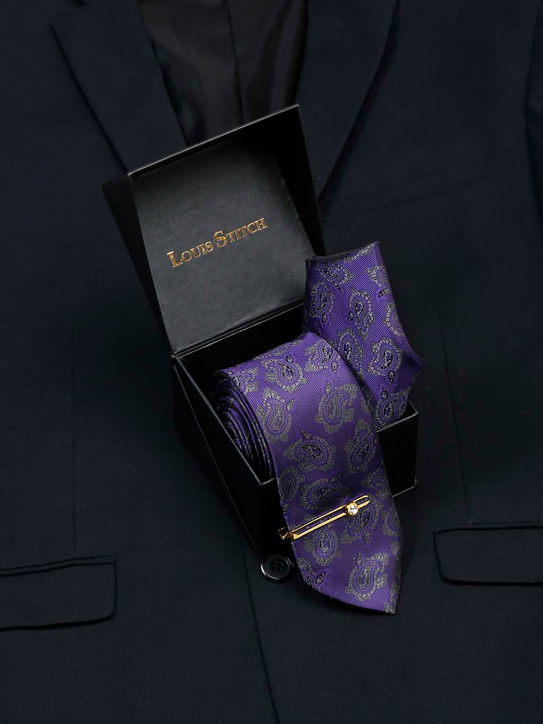 

LOUIS STITCH Men's Italian Silk Necktie Accessory Gift Set, Purple