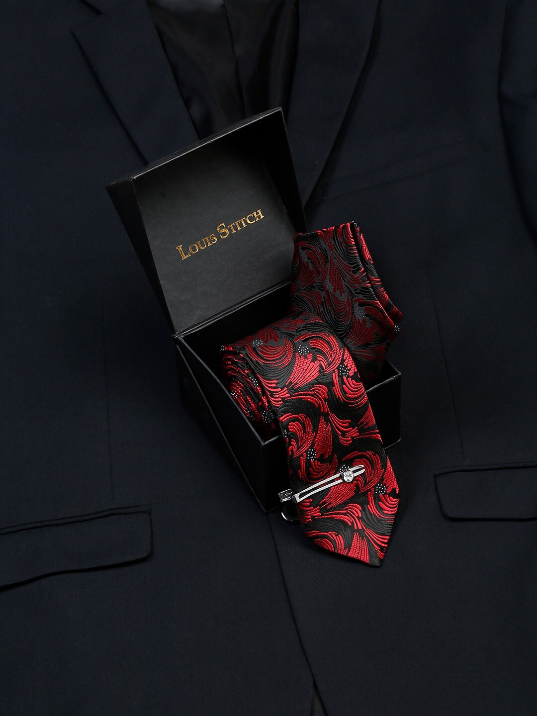 

LOUIS STITCH Men's Italian Silk Necktie Accessory Gift Set, Red