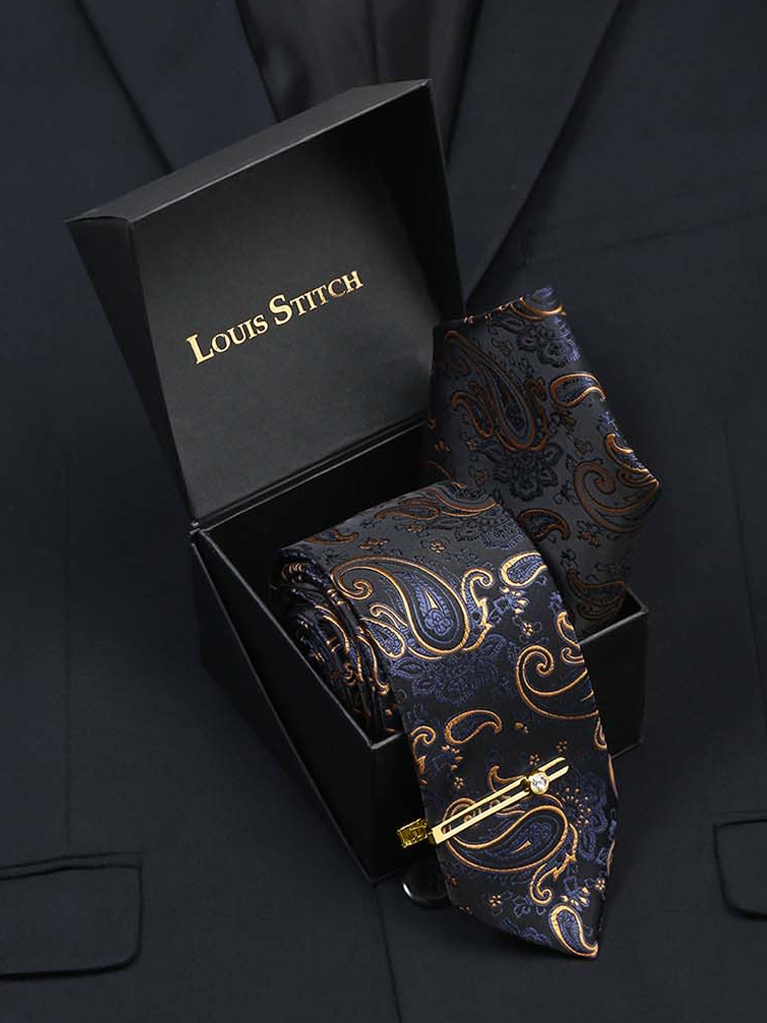 

LOUIS STITCH Men Silk Necktie Accessory Gift Set, Blue