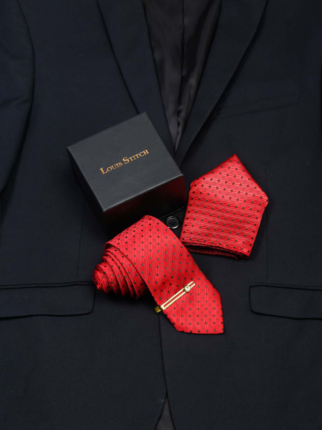 

LOUIS STITCH Men Woven Design Silk Necktie Accessory Gift Set, Red