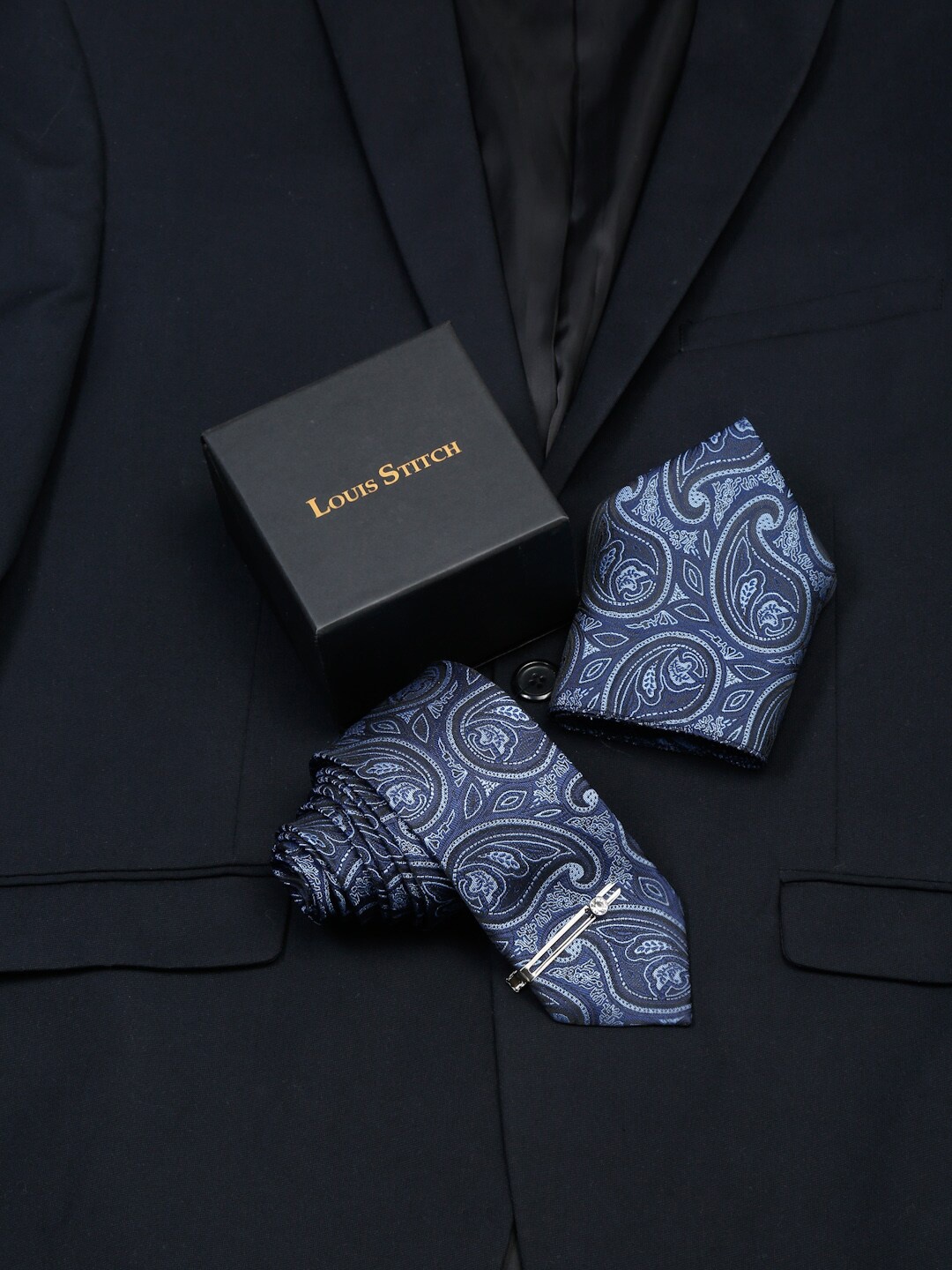 

LOUIS STITCH Men Woven Design Silk Necktie Accessory Gift Set, Navy blue