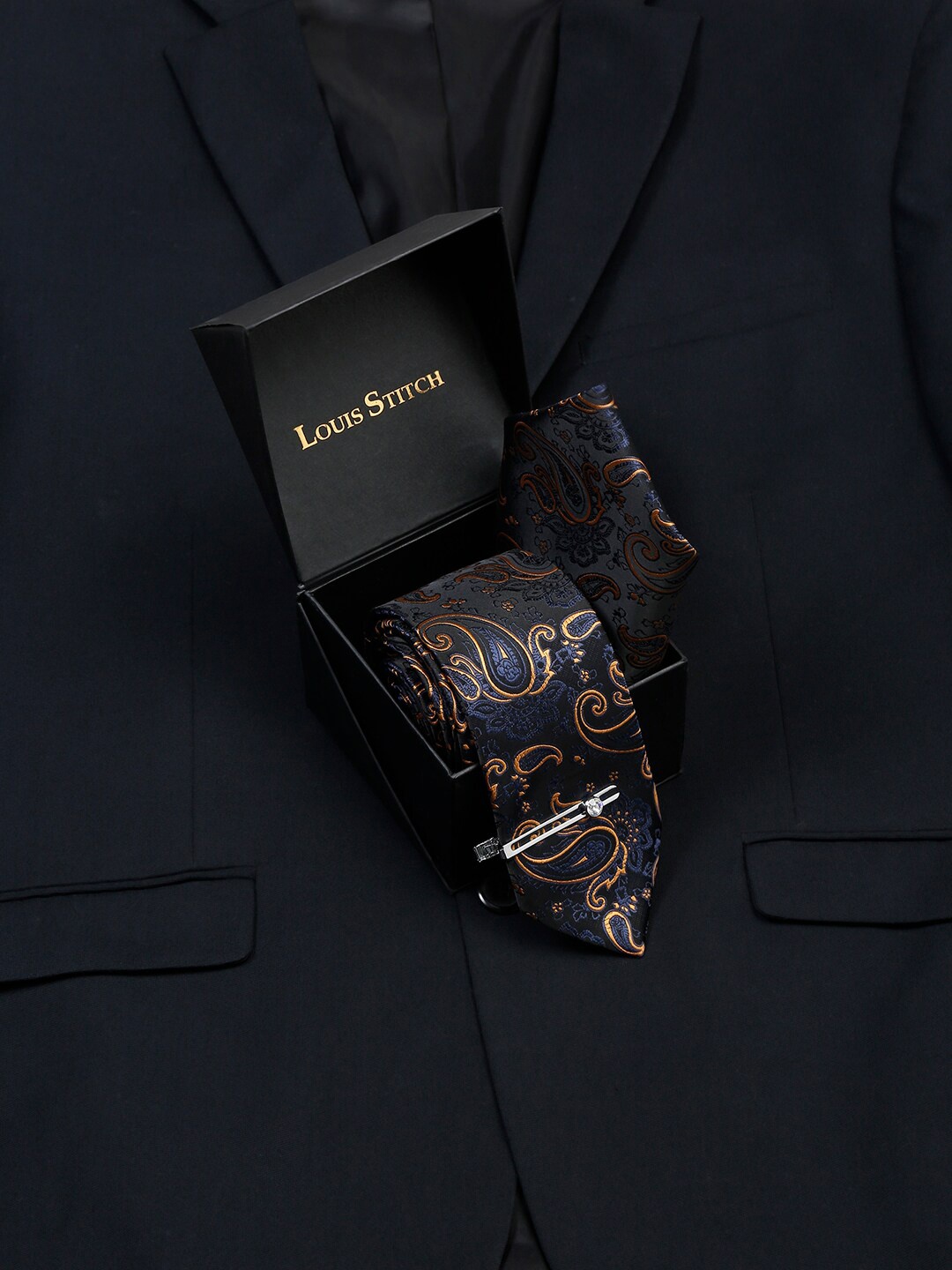 

LOUIS STITCH Men Ethnic Motifs Woven Design Italian Silk Necktie Accessory Gift Set, Black