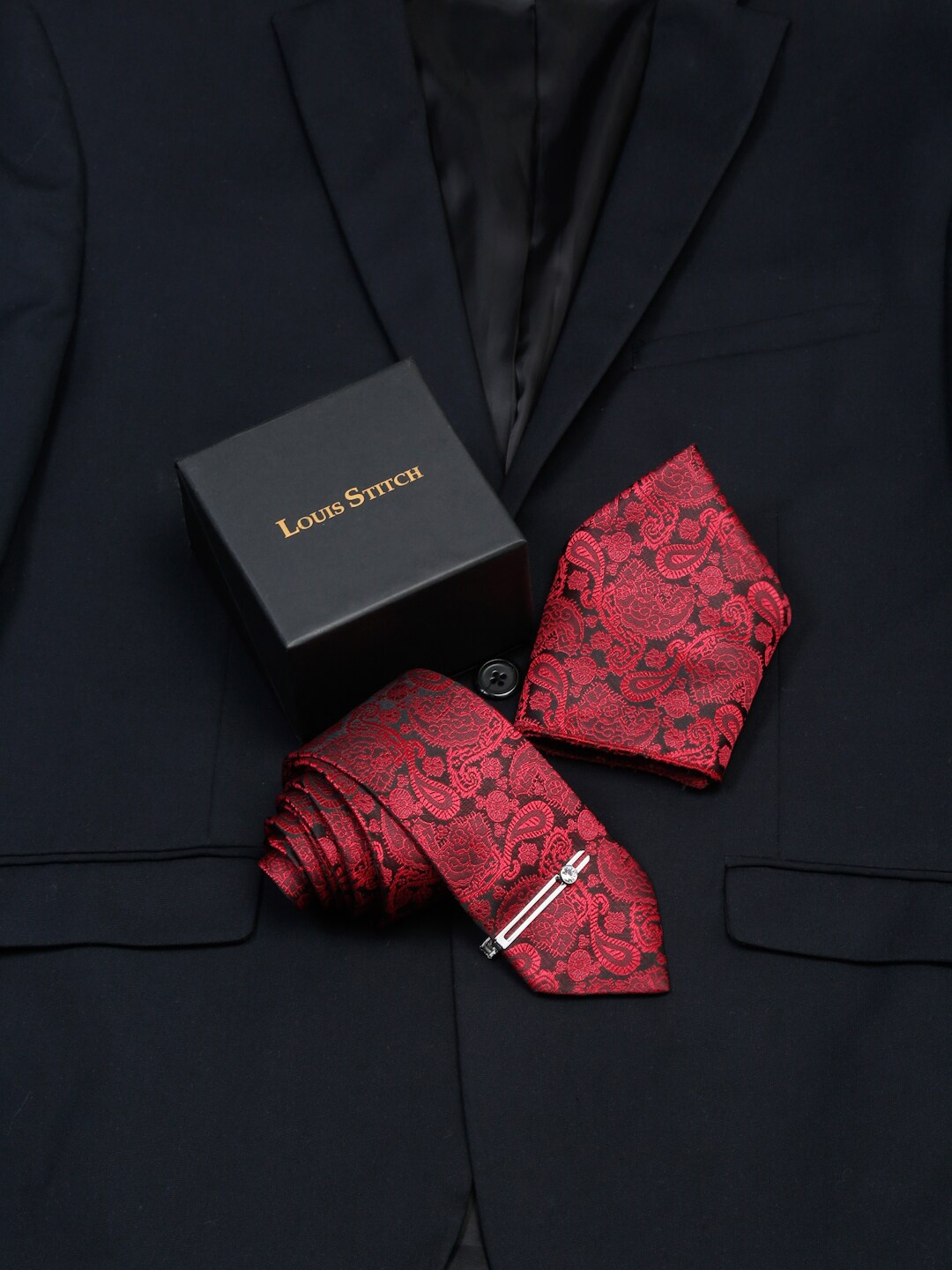 

LOUIS STITCH Men's Italian Silk Necktie Accessory Gift Set, Red