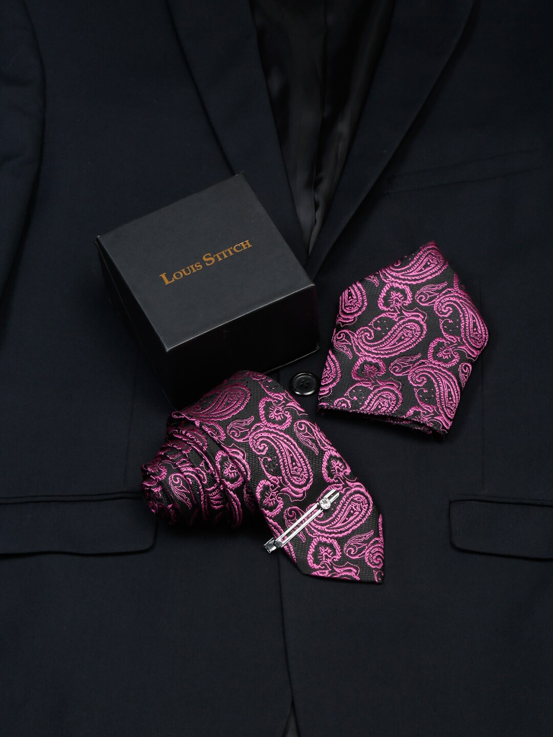 

LOUIS STITCH Men Woven Design Silk Accessory Gift Set, Purple