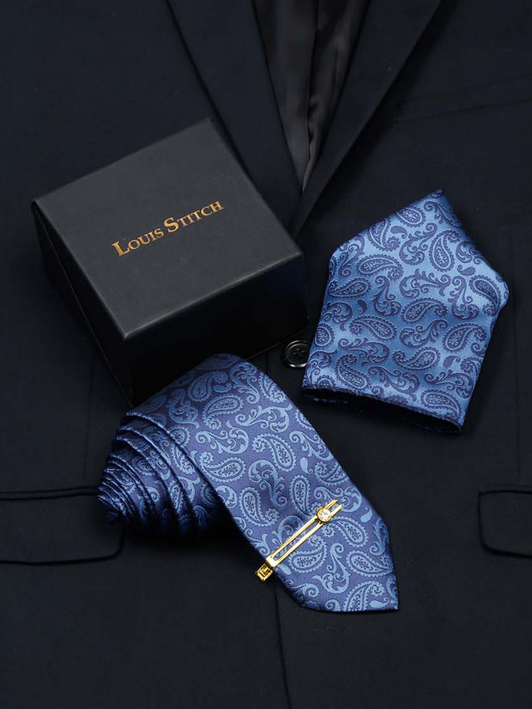 

LOUIS STITCH Men Woven Design Silk Necktie Accessory Gift Set, Blue