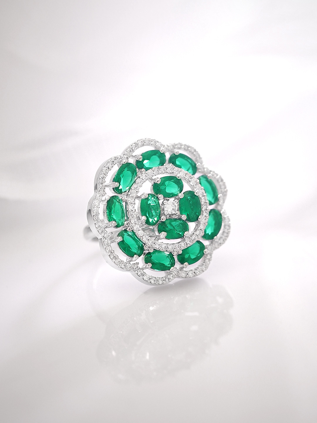 

Rubans Rhodium-Plated & CZ-Studded Adjustable Statement Finger Ring, Green