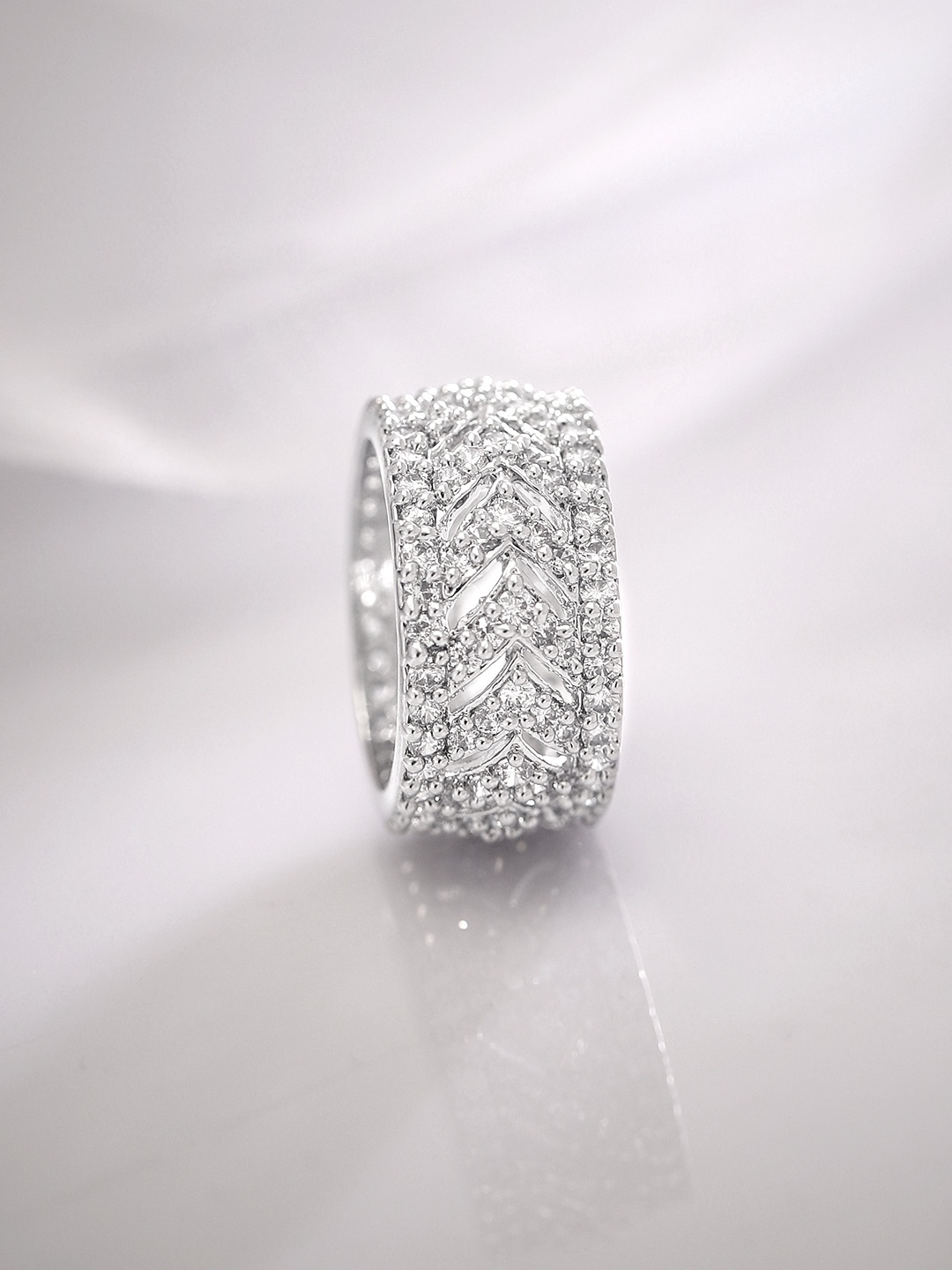 

Rubans Rhodium-Plated Cubic Zirconia Stone-Studded Finger Ring, Silver