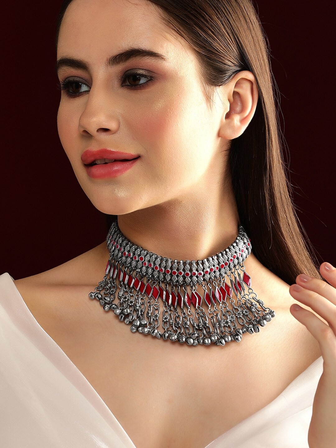 

Rubans Brass Silver-Plated Ghungroo Oxidised Necklace, Red