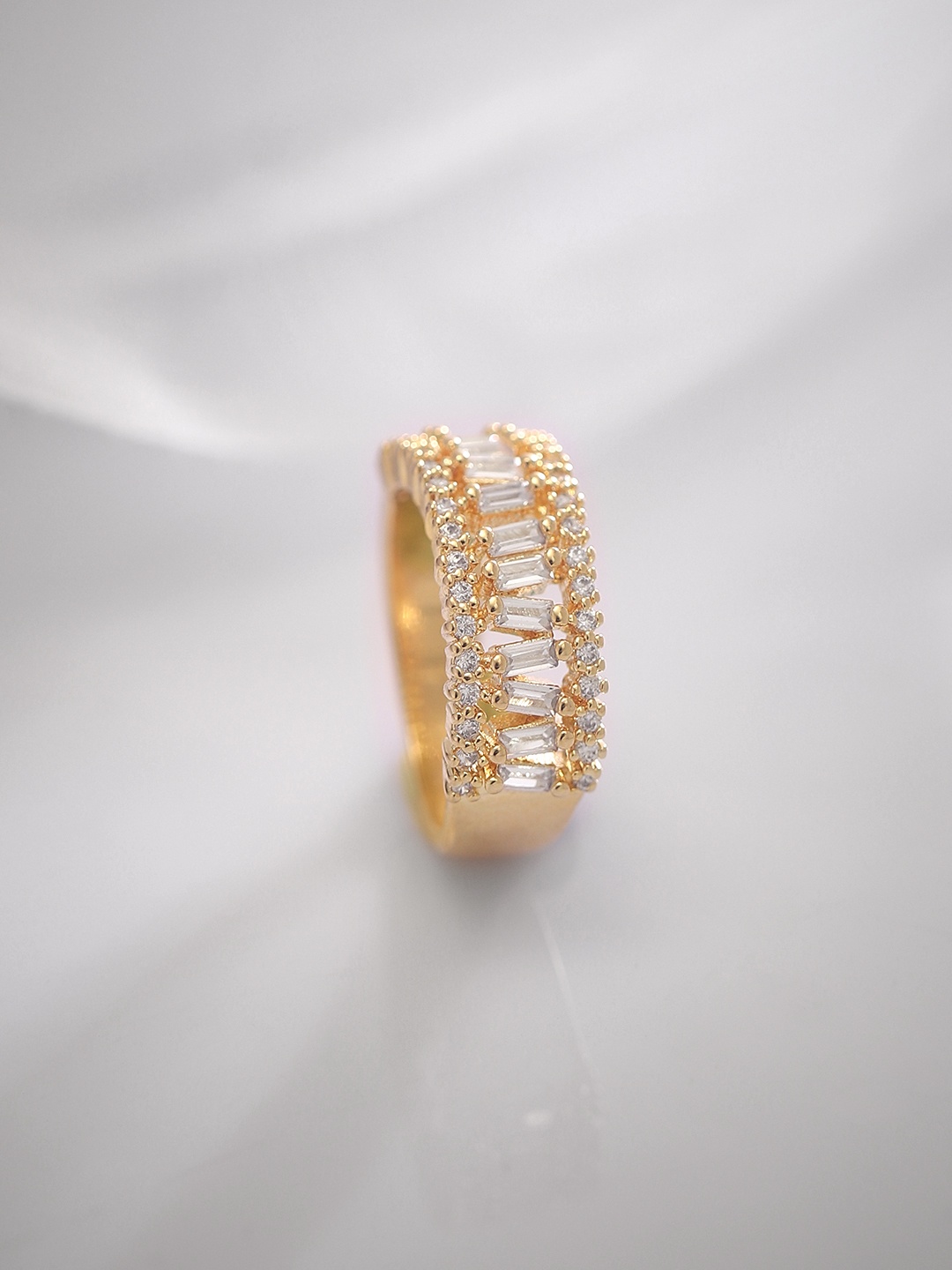 

Rubans 18K Gold-Plated Baguette Zircons Studded Adjustable Finger Ring, White