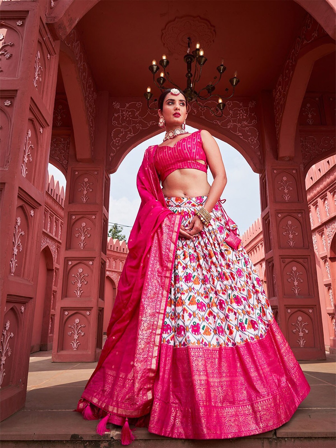 

ODETTE Printed Semi-Stitched Lehenga & Unstitched Blouse With Dupatta, Pink