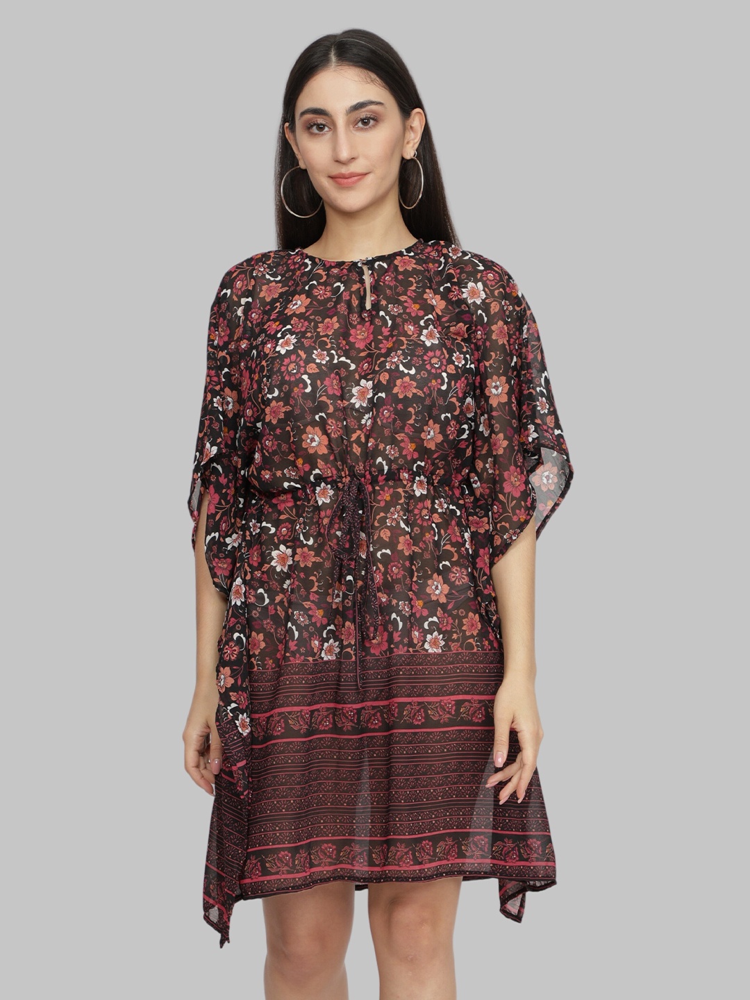 

NUEVOSDAMAS Ethnic Motifs Georgette Kaftan Dress, Maroon