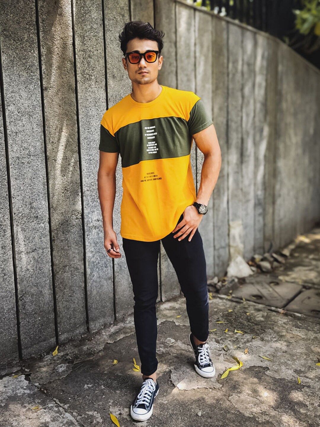 

Powerlook Men Mustard Yellow And Olive Green Colourblocked Cotton T-shirt