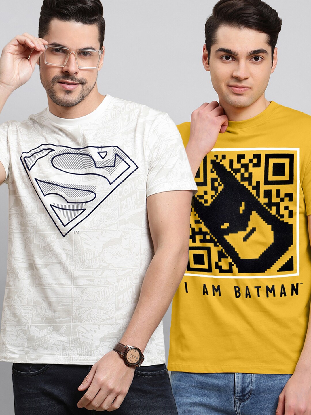 

Free Authority Pack Of 2 Batman & Superman Printed Cotton T-Shirts, Yellow