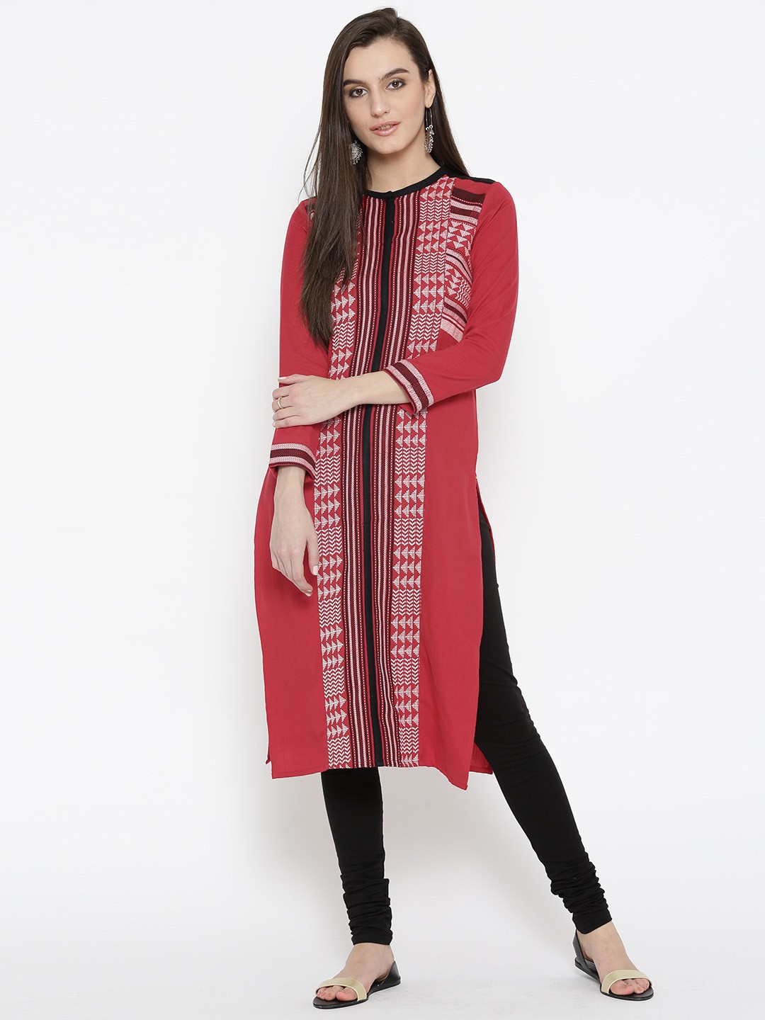 

AURELIA Women Red Woven-Design Straight Kurta